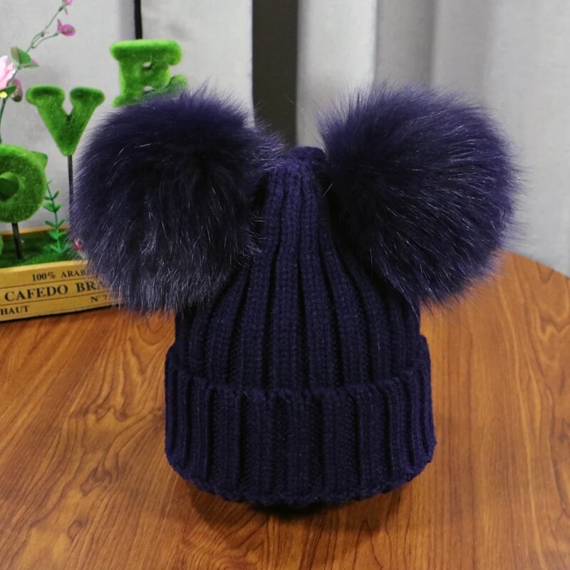 Double Fur Pom Poms Winter Knitted Beanies 
 Child/Adult