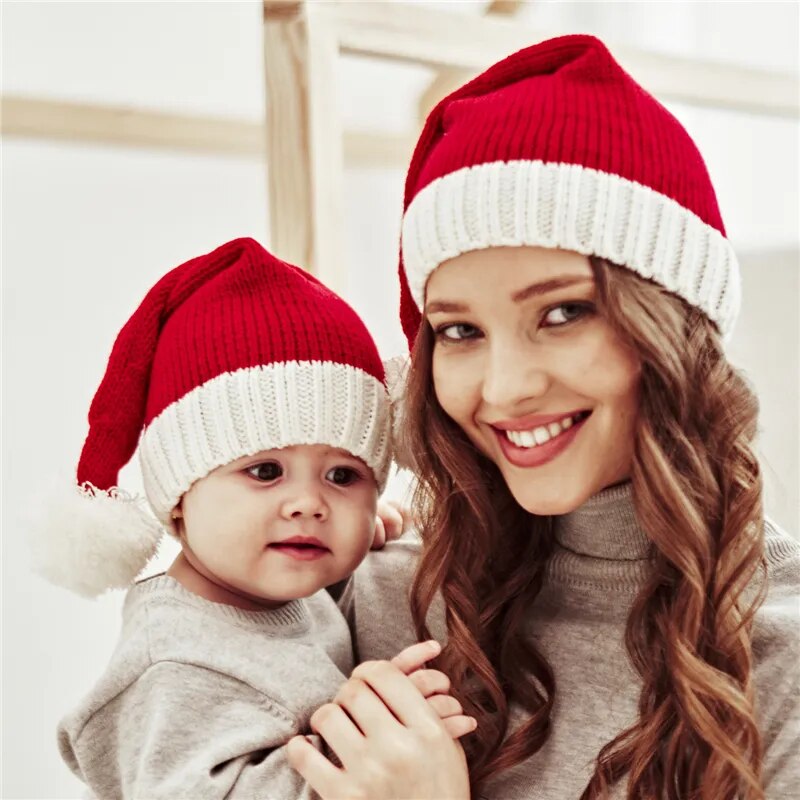 Family Red Santa Claus knit Hats with Pom Pom