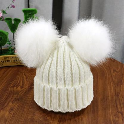 Double Fur Pom Poms Winter Knitted Beanies 
 Child/Adult