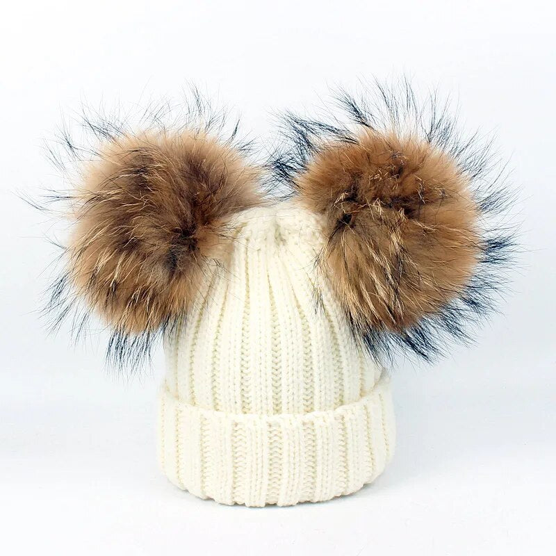 Double Fur Pom Poms Winter Knitted Beanies 
 Child/Adult