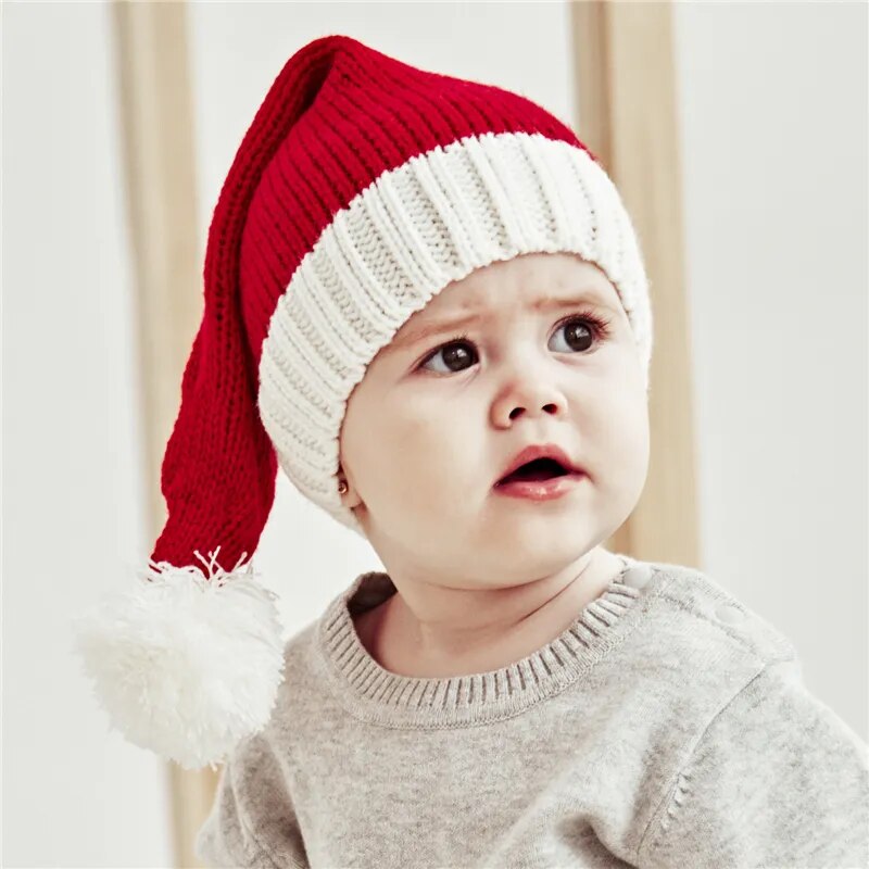 Family Red Santa Claus knit Hats with Pom Pom