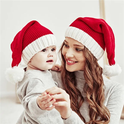 Family Red Santa Claus knit Hats with Pom Pom