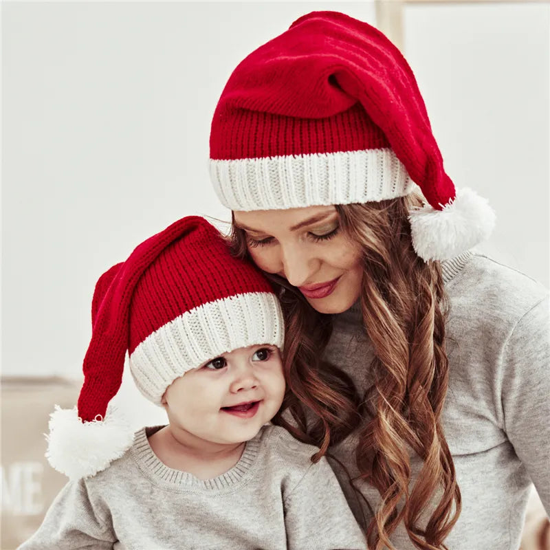 Family Red Santa Claus knit Hats with Pom Pom