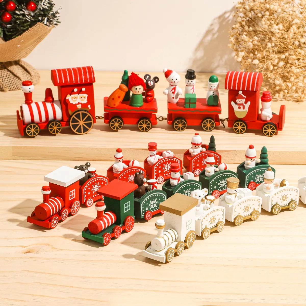 Merry Christmas Train Decorations 
  Wooden Trains to enhance your Christmas Decor