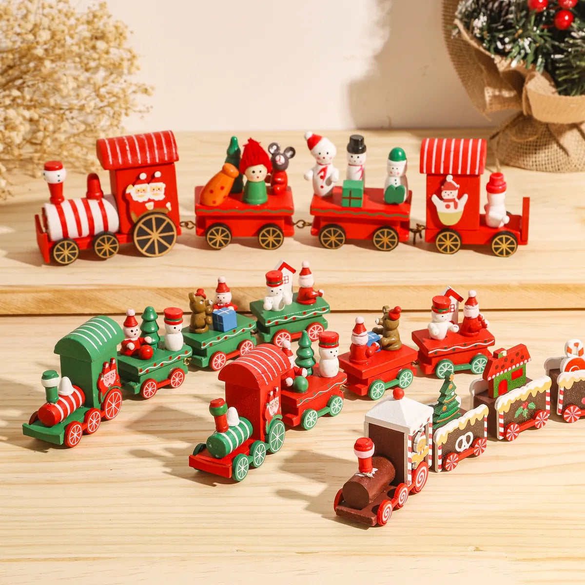 Merry Christmas Train Decorations 
  Wooden Trains to enhance your Christmas Decor